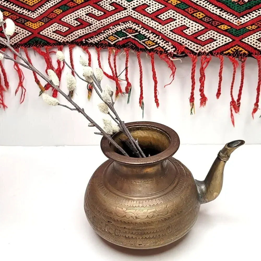 VINTAGE Copper Handmade Tea Pot Carved Design And Spout Kettle